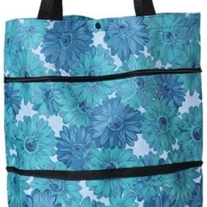 Collapsible Shopping Bag with Wheels, Portable Folding Shopping Cart, Blue Trolley Bags, Grocery Cart for Supermarket, Water-repellent Hand Pulling Utility with Hand Straps