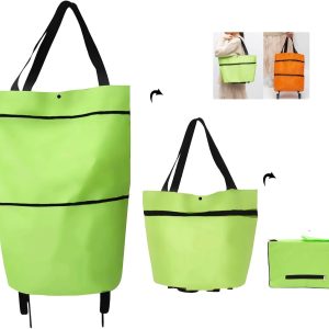 2 in 1 Foldable Shopping Cart, 2023 New Foldable Shopping Bag Carts with Wheels, Portable Rolling Tote Shopping Bag with Wheels, Waterproof Trolley Collapsible Grocery Shopping Tote Bag Cart (A GREEN)