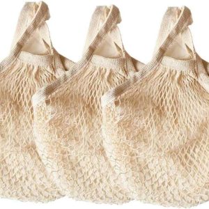 Ecology Reusable Cotton Mesh Grocery Bags Cotton String Bag Net Shopping Mesh Bags Pack of 3 (Beige)