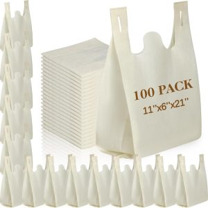 Large Grocery T-shirt Bags Bulk Reusable Non Woven Shopping Bag Foldable Gift Tote with Handle, 21x11x6 Inch
