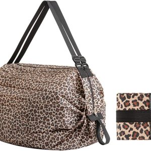 Portable Foldable Shopping Bag Large Capacity Multipurpose Storage Bag Sports Travel Shoulder Bag (Leopard Print)