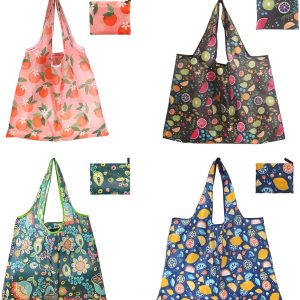 4 Pack Foldable Reusable Shopping Bags,Tote Bags,Travel Grocery Bags with Hook in Pocket for Daily Shopping Supplies load