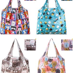 4 Pcs Reusable Grocery Bags, Foldable Shopping Bags Heavy Duty, Large Nano Bag Cute Tote Bag for Daily Shopping, Waterproof and Machine Washable (Animals)