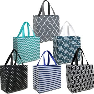 6-Pack Foldable Reusable Grocery Bags – Large Cloth Tote Bag with Handles, Bulk Shopping- Bags in Geometric Design, Shopping Baskets, Utility Reusable Gift for Groceries