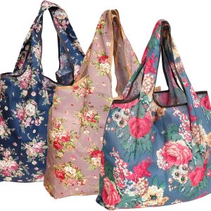Large Foldable Tote Nylon Reusable Grocery Bag, 3 Pack